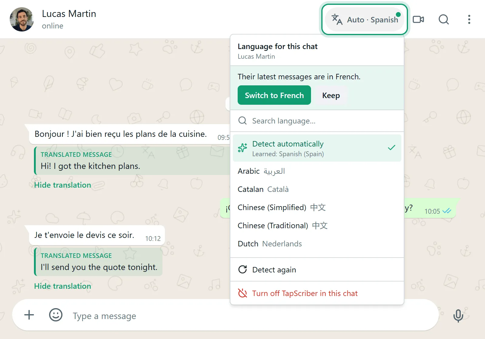 automatic translator for WhatsApp
