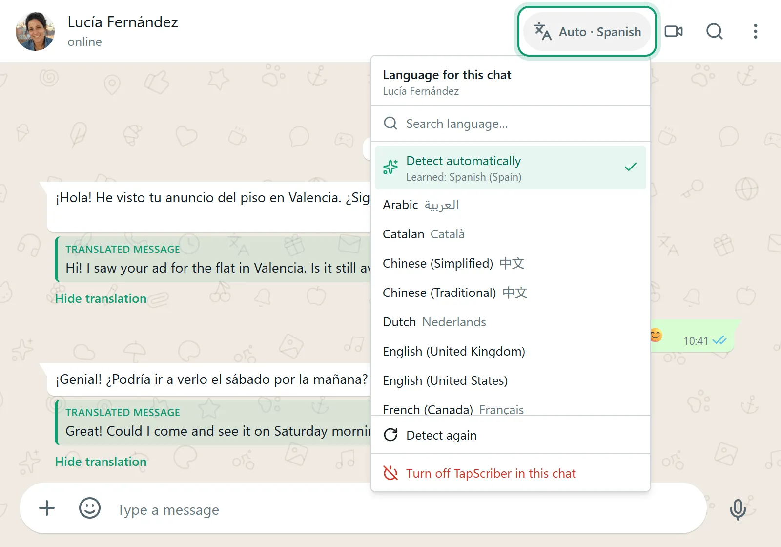 translate chat in WhatsApp